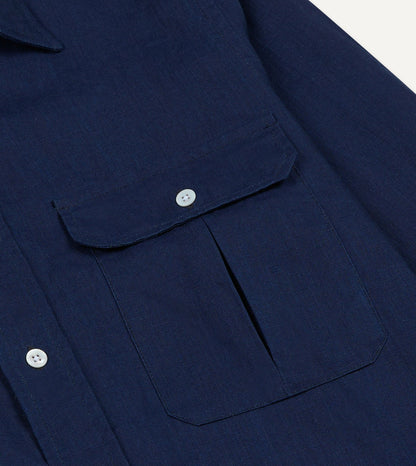 Drake's Indigo Linen Two-Pocket Long Point Collar Work Shirt
