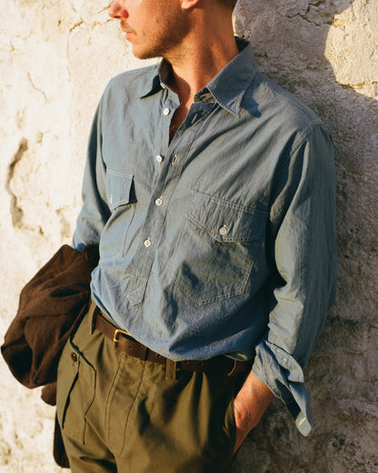 Drake's Light Indigo Cotton-Linen Popover Work Shirt