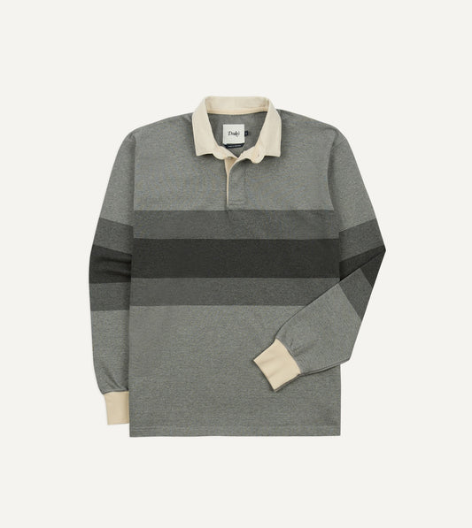 Drake's Grey Melange Centre Stripe Cotton Rugby Shirt