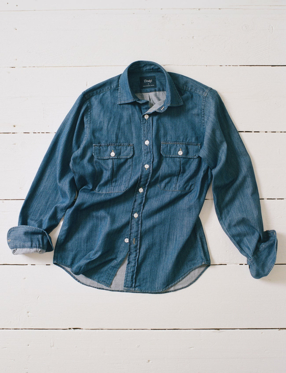 Drake's Mid-Blue Washed Denim Cotton Two-Pocket Work Shirt