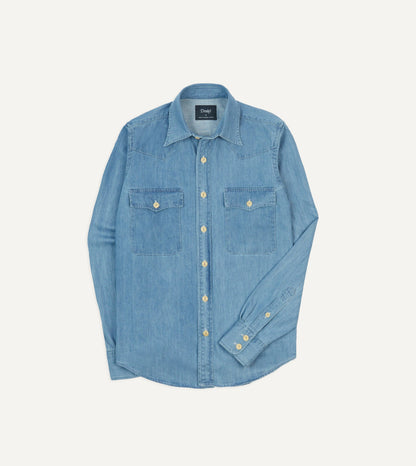 Drake's Bleach Wash Denim Two-Pocket Western Shirt