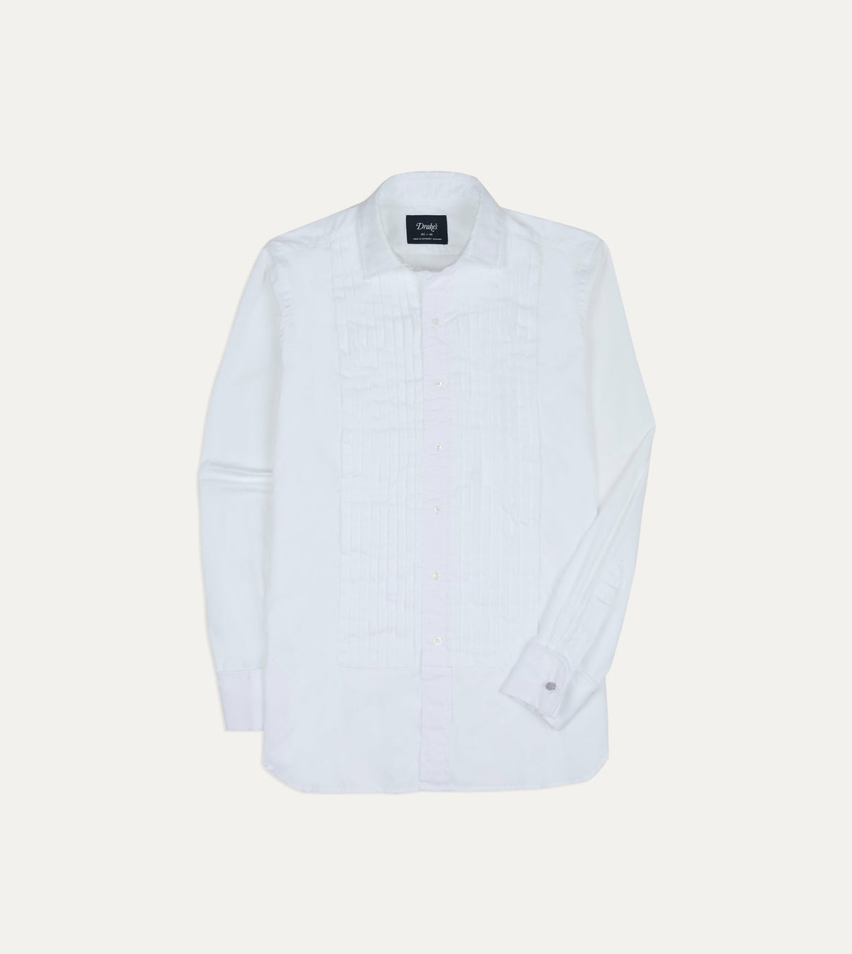 Drake's White Cotton Pleated Bib Front Dinner Shirt