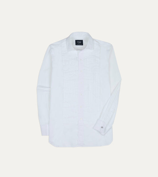 Drake's White Cotton Pleated Bib Front Dinner Shirt