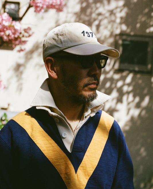 Drake's Navy and Yellow Chevron Flamé Cotton Rugby Shirt