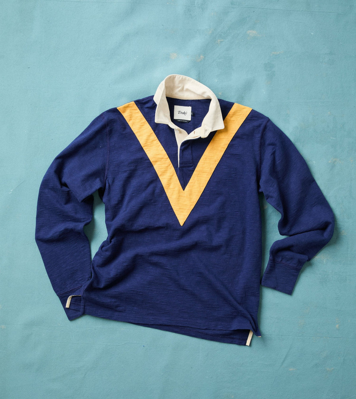 Drake's Navy and Yellow Chevron Flamé Cotton Rugby Shirt
