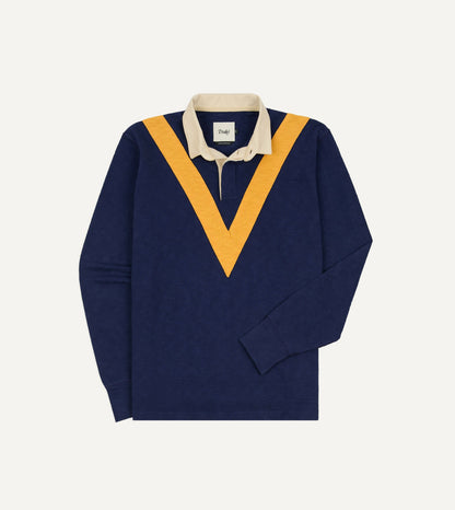 Drake's Navy and Yellow Chevron Flamé Cotton Rugby Shirt