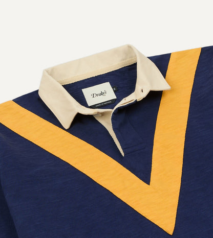 Drake's Navy and Yellow Chevron Flamé Cotton Rugby Shirt