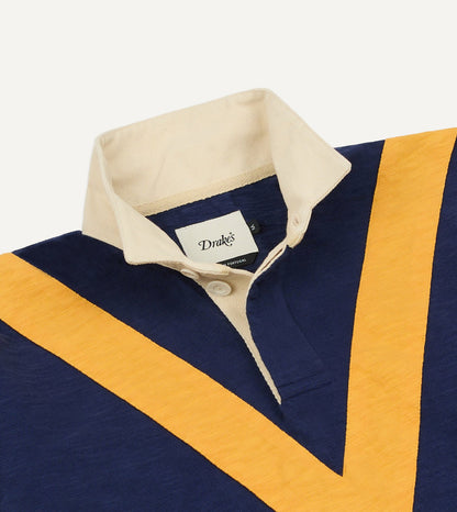 Drake's Navy and Yellow Chevron Flamé Cotton Rugby Shirt