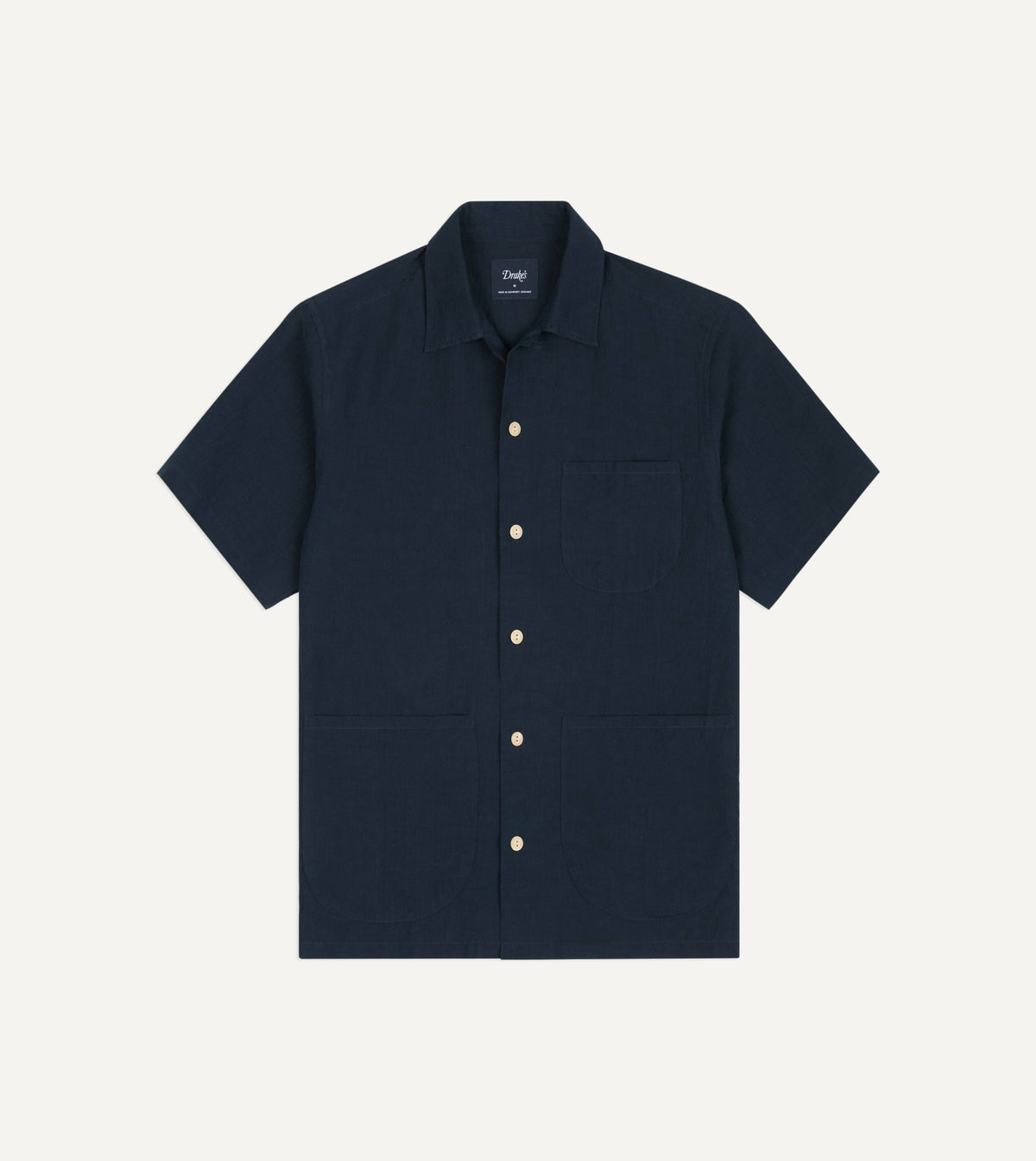 Drake's Navy Cotton-Linen Camp Collar Three Pocket Short Sleeve Shirt