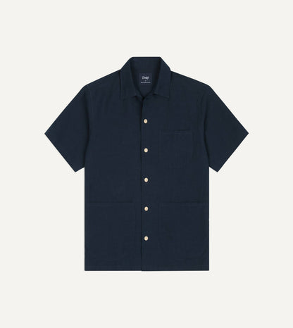 Drake's Navy Cotton-Linen Camp Collar Three Pocket Short Sleeve Shirt