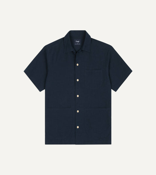 Drake's Navy Cotton-Linen Camp Collar Three Pocket Short Sleeve Shirt