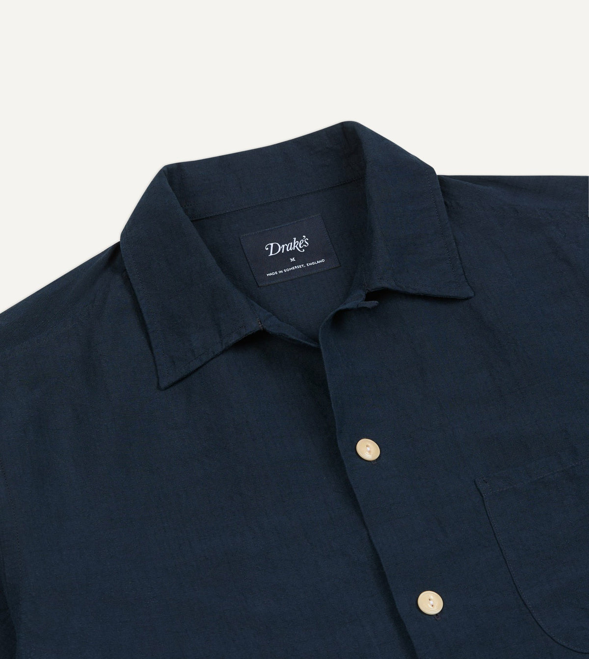 Drake's Navy Cotton-Linen Camp Collar Three Pocket Short Sleeve Shirt
