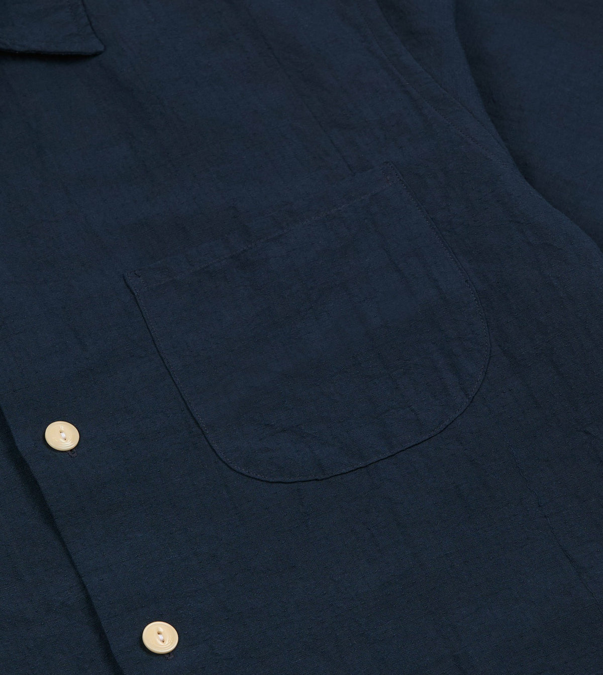 Drake's Navy Cotton-Linen Camp Collar Three Pocket Short Sleeve Shirt
