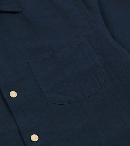 Drake's Navy Cotton-Linen Camp Collar Three Pocket Short Sleeve Shirt