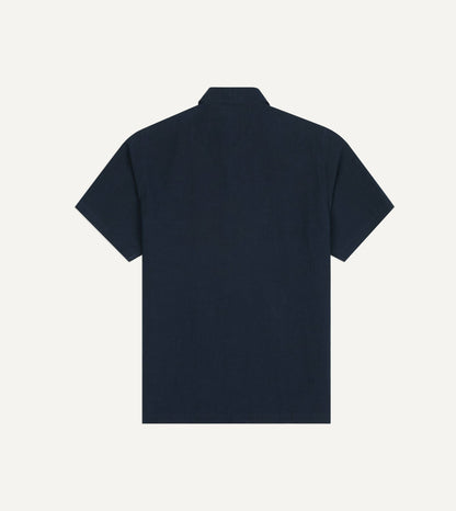 Drake's Navy Cotton-Linen Camp Collar Three Pocket Short Sleeve Shirt