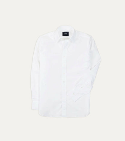Drake's White Cotton Poplin Long Point Collar Shirt
