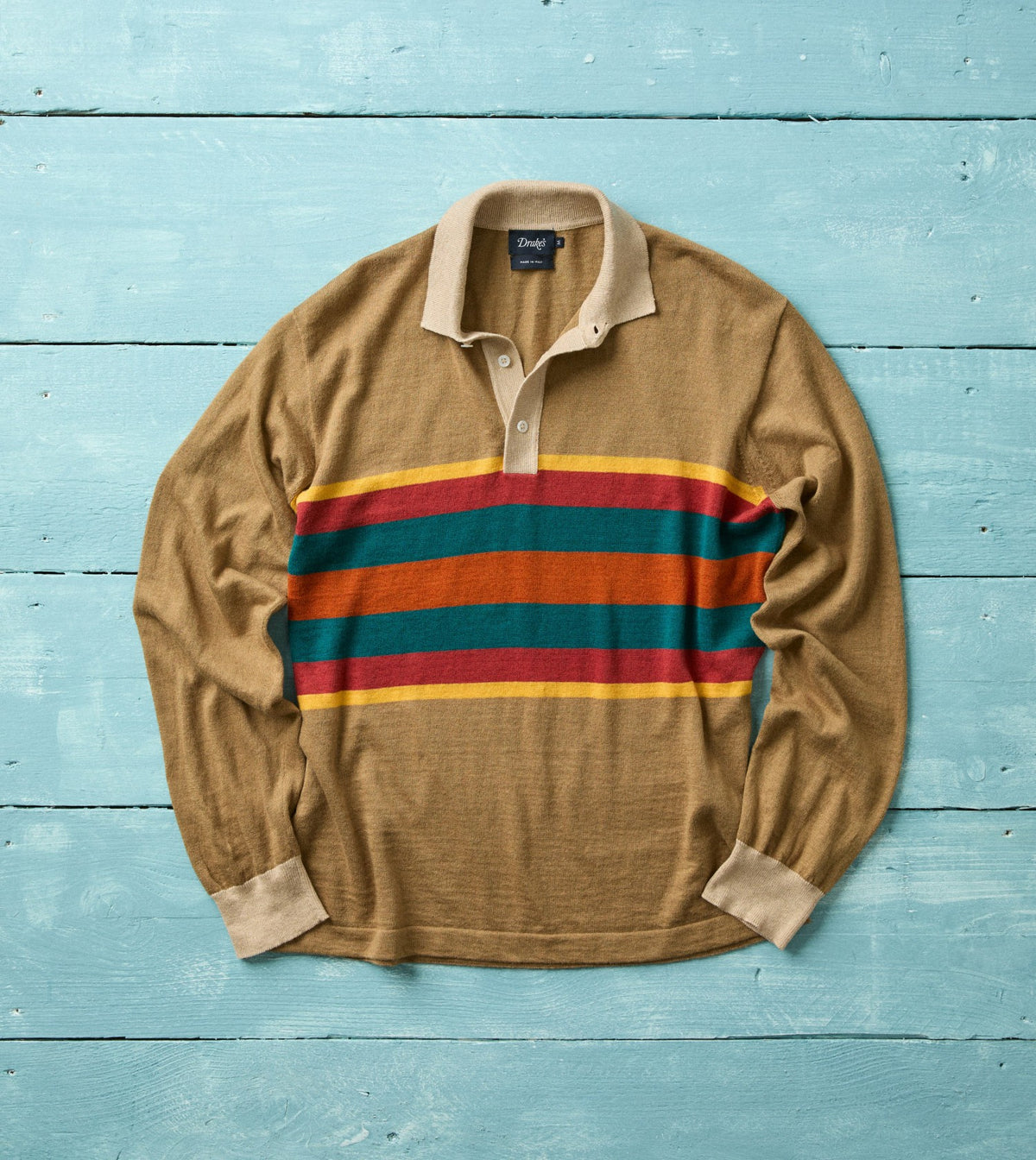 Drake's Brown Multi Centre Stripe Linen Cotton Knitted Rugby Shirt