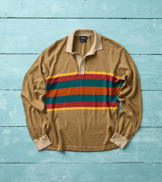 Drake's Brown Multi Centre Stripe Linen Cotton Knitted Rugby Shirt