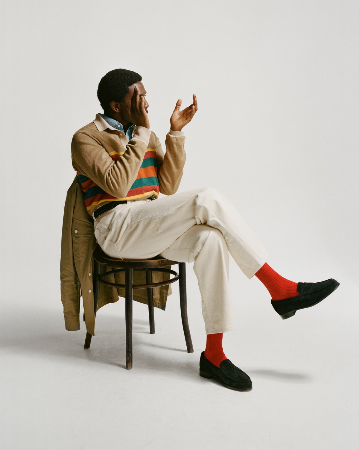 Drake's Brown Multi Centre Stripe Linen Cotton Knitted Rugby Shirt