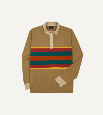 Drake's Brown Multi Centre Stripe Linen Cotton Knitted Rugby Shirt
