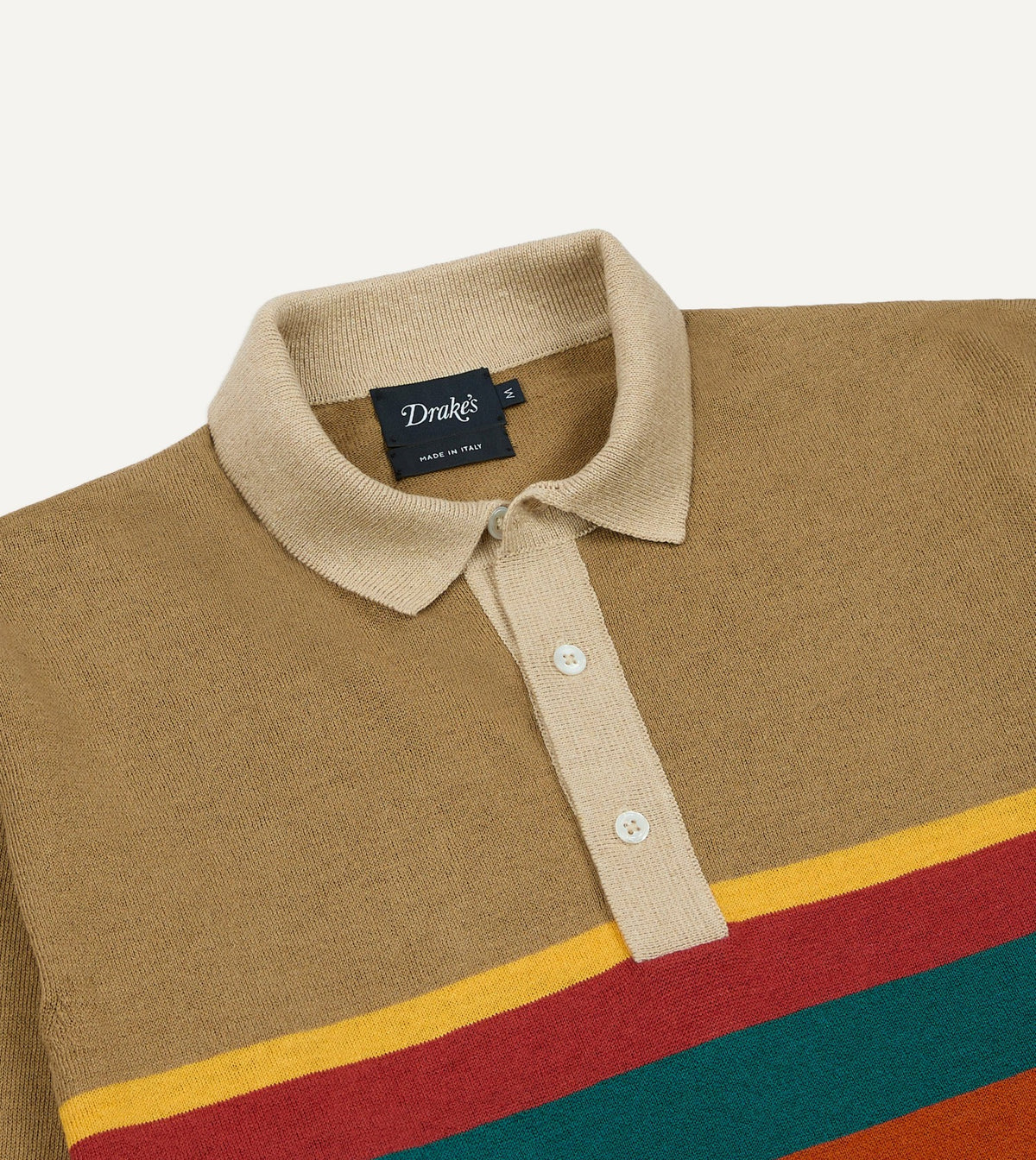 Drake's Brown Multi Centre Stripe Linen Cotton Knitted Rugby Shirt