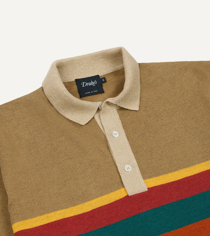 Drake's Brown Multi Centre Stripe Linen Cotton Knitted Rugby Shirt
