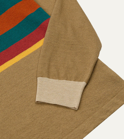 Drake's Brown Multi Centre Stripe Linen Cotton Knitted Rugby Shirt