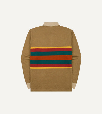 Drake's Brown Multi Centre Stripe Linen Cotton Knitted Rugby Shirt