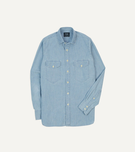 Drake's Blue Cotton Chambray Two-Pocket Work Shirt
