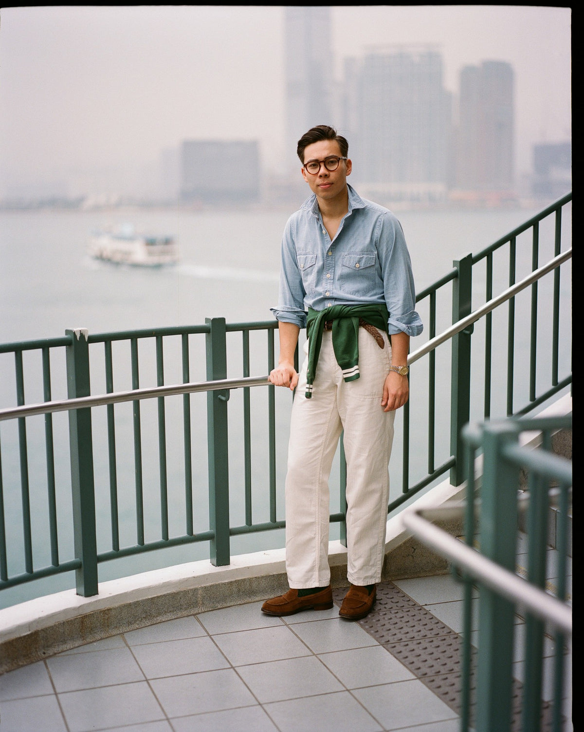 Drake's Blue Cotton Chambray Two-Pocket Work Shirt