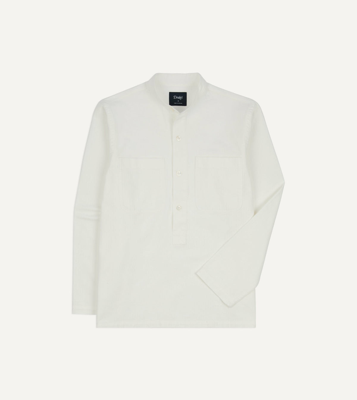 Drake's White Herringbone Cotton Mandarin Collar Popover Shirt