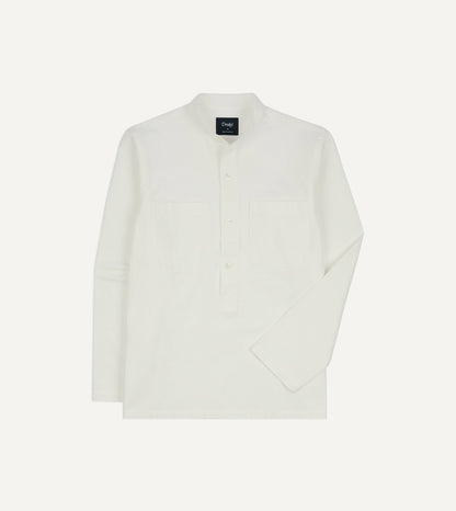 Drake's White Herringbone Cotton Mandarin Collar Popover Shirt