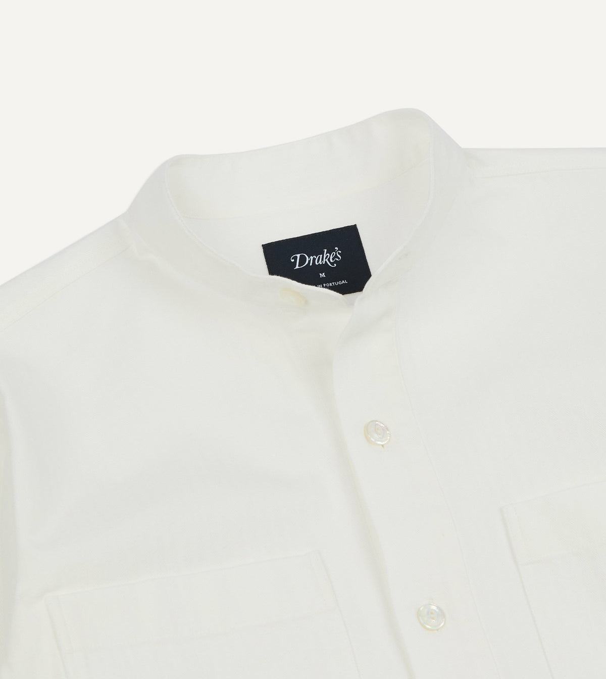 Drake's White Herringbone Cotton Mandarin Collar Popover Shirt