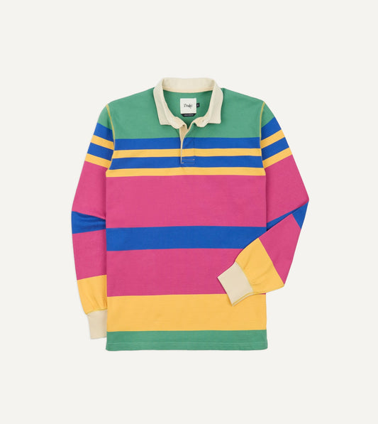 Drake's Pink, Green, Yellow and Navy Pastel Stripe Cotton Rugby Shirt