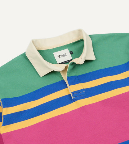 Drake's Pink, Green, Yellow and Navy Pastel Stripe Cotton Rugby Shirt