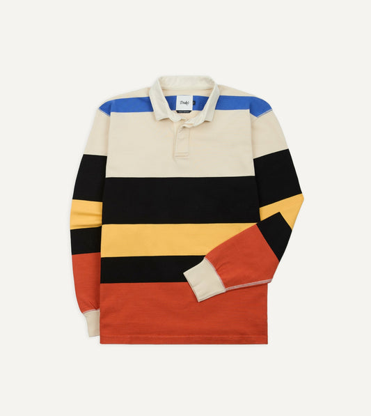 Drake's Ecru, Black and Orange Multi Stripe Cotton Rugby Shirt