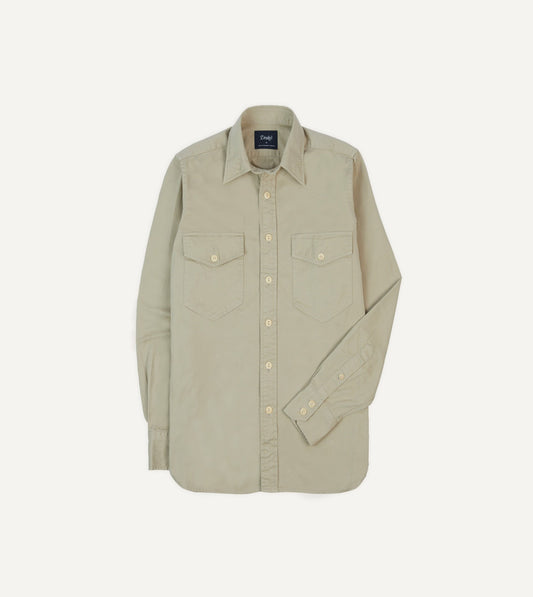 Drake's Stone Cotton Long Point Collar Work Shirt