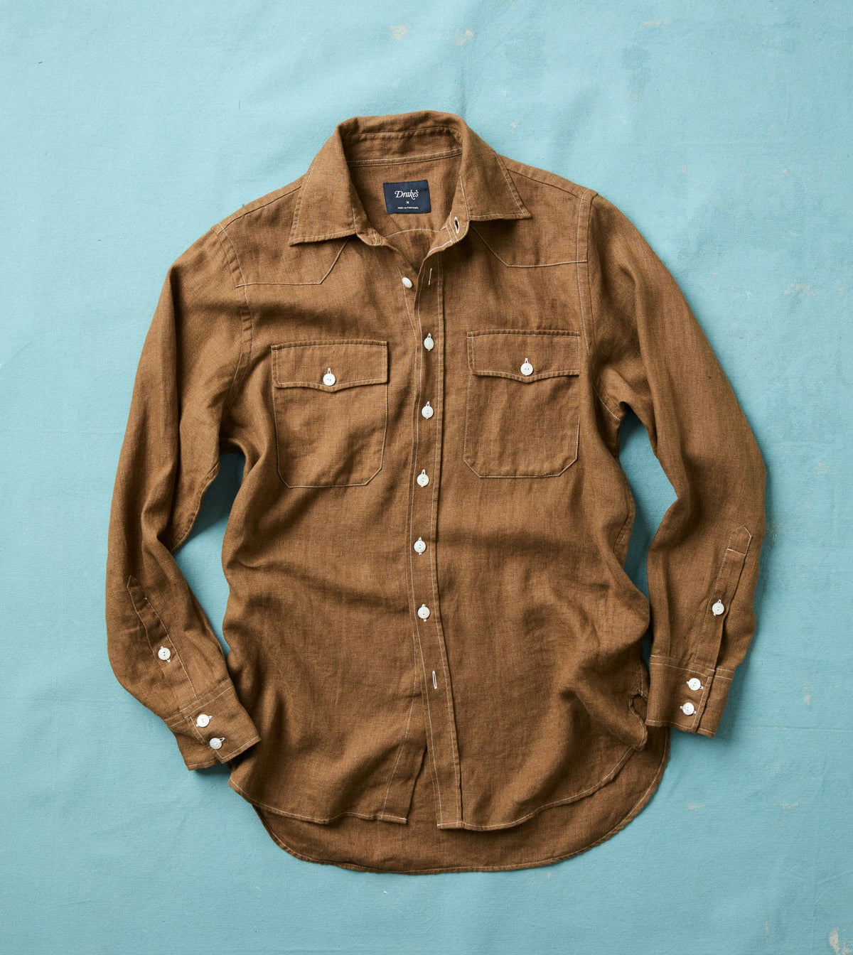 Drake's Brown Linen Two-Pocket Western Shirt