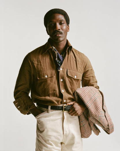 Drake's Brown Linen Two-Pocket Western Shirt