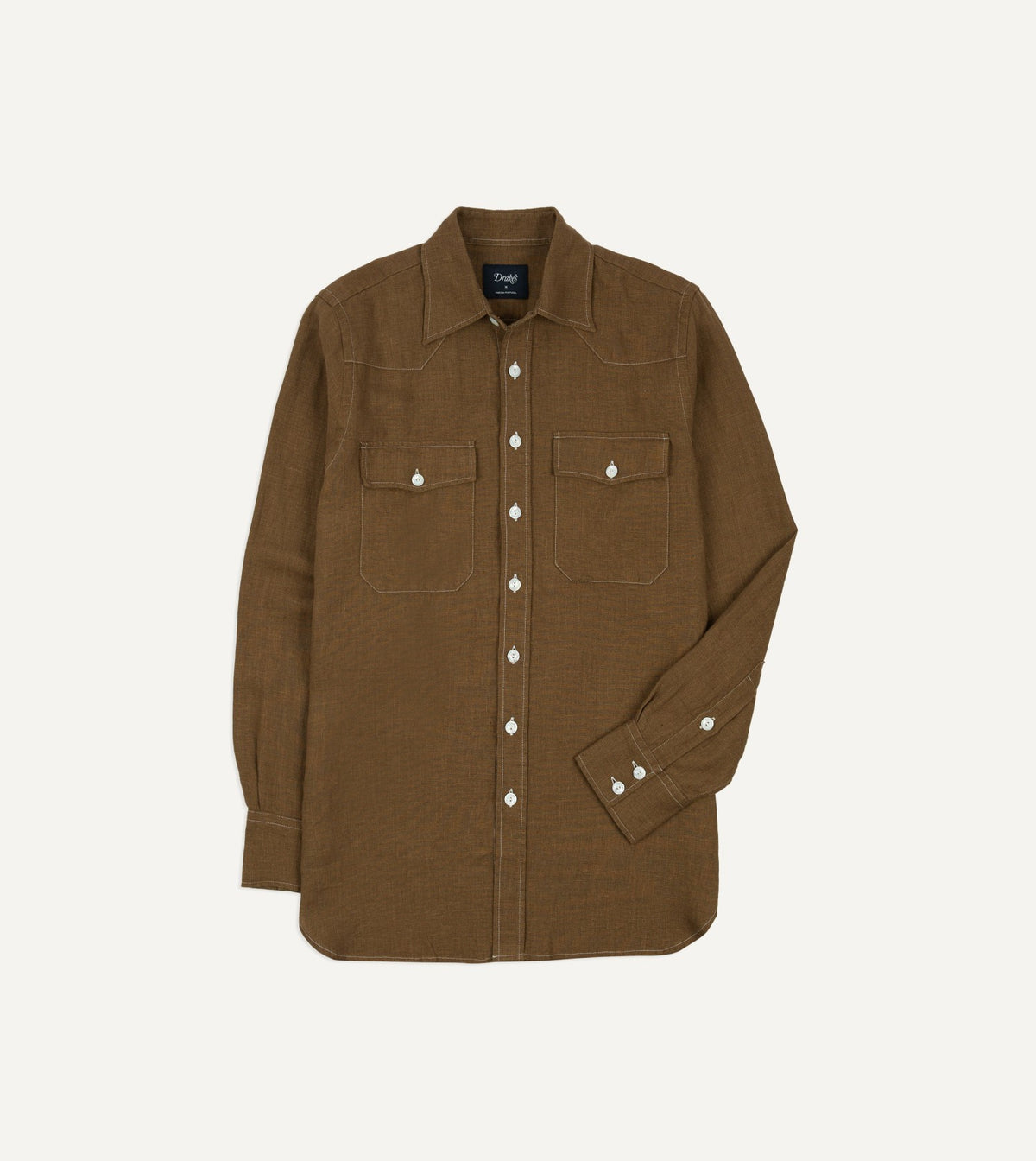 Drake's Brown Linen Two-Pocket Western Shirt