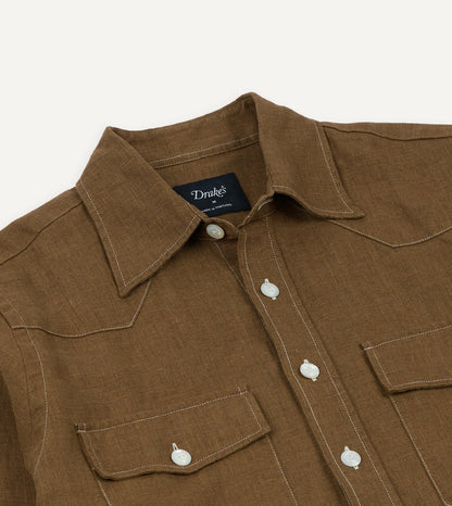 Drake's Brown Linen Two-Pocket Western Shirt