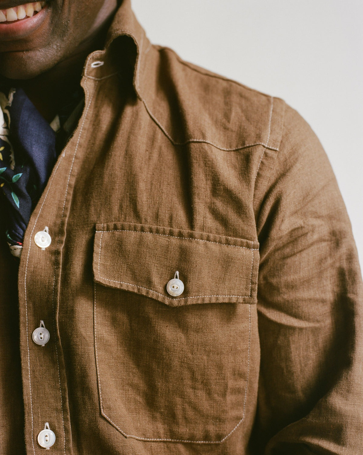 Drake's Brown Linen Two-Pocket Western Shirt
