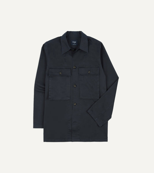 Drake's Navy Stone Wash Cotton Military Overshirt