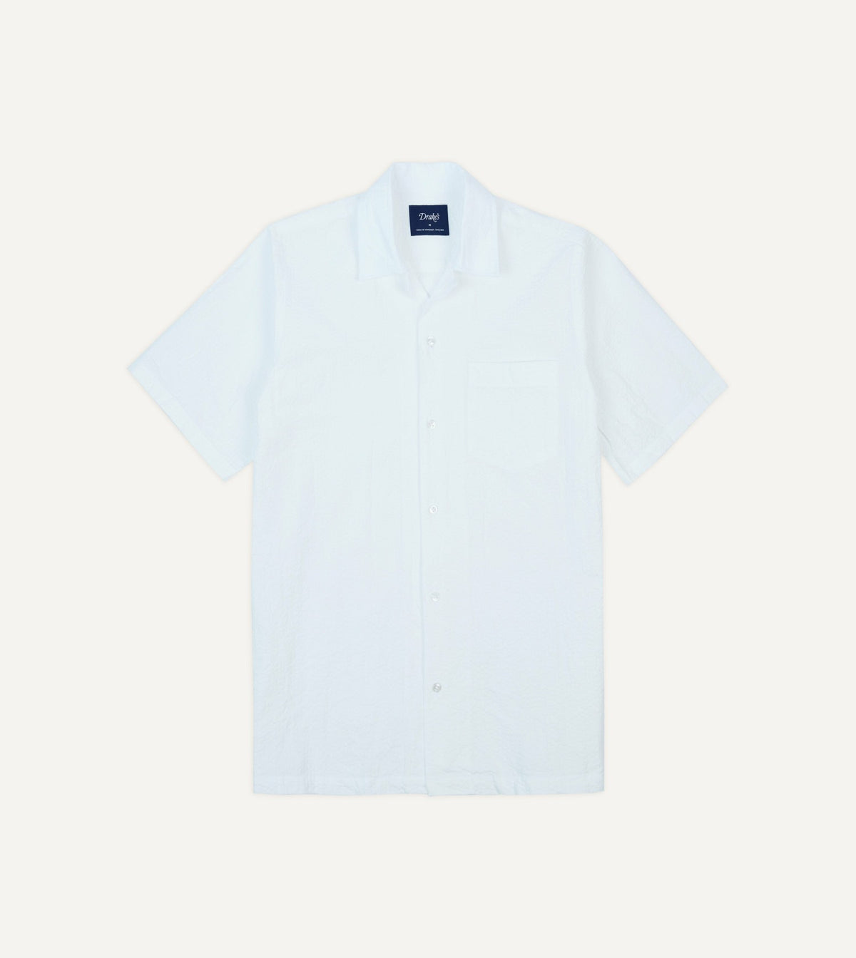 Drake's White Cotton-Linen Seersucker Camp Collar Short Sleeve Shirt