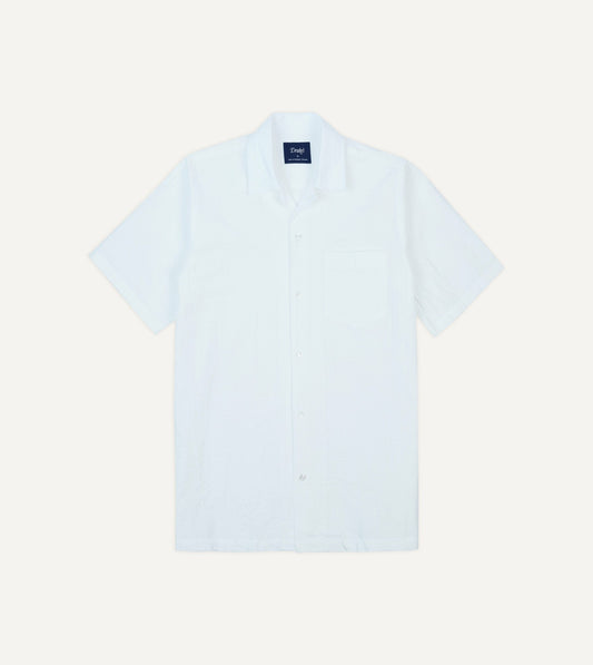 Drake's White Cotton-Linen Seersucker Camp Collar Short Sleeve Shirt