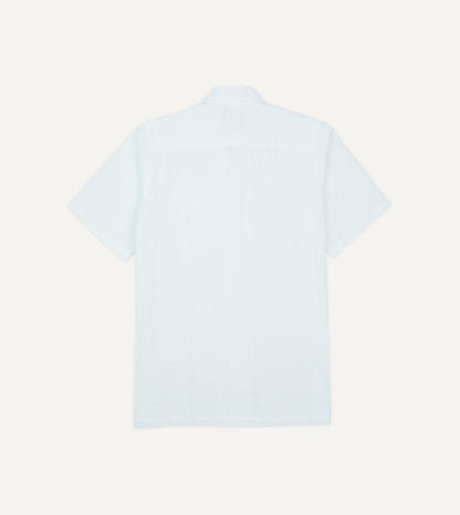 Drake's White Cotton-Linen Seersucker Camp Collar Short Sleeve Shirt