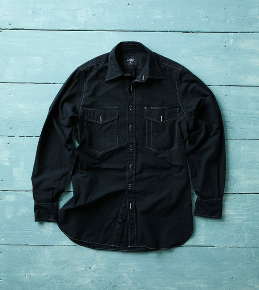 Drake's Navy Contrast Stitch Cotton-Linen Two-Pocket Work Shirt