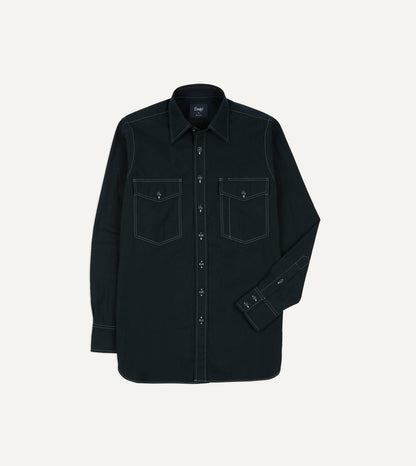 Drake's Navy Contrast Stitch Cotton-Linen Two-Pocket Work Shirt