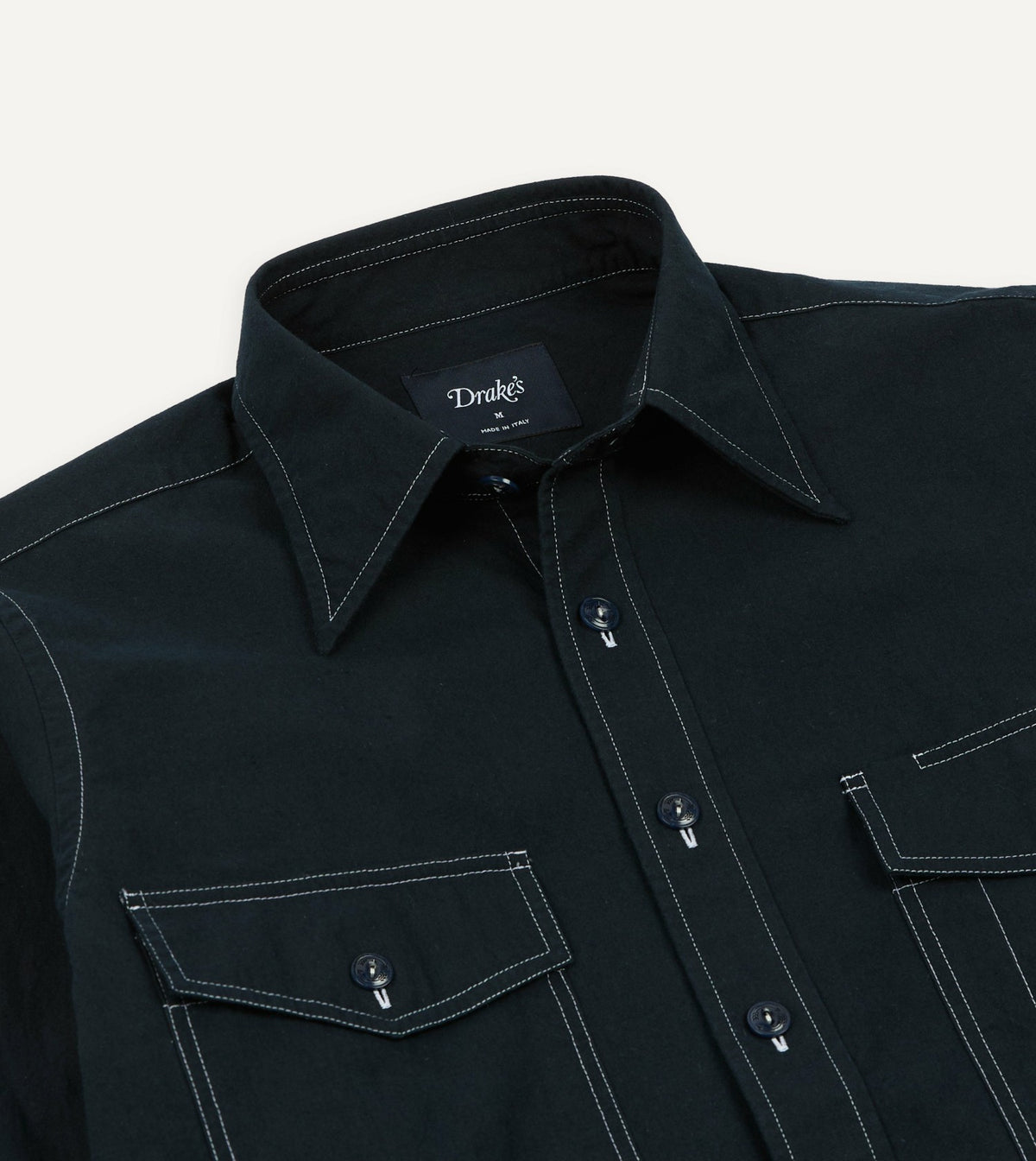 Drake's Navy Contrast Stitch Cotton-Linen Two-Pocket Work Shirt
