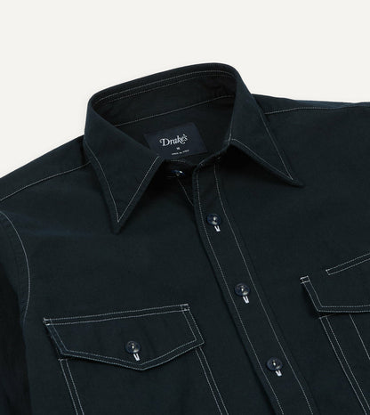 Drake's Navy Contrast Stitch Cotton-Linen Two-Pocket Work Shirt